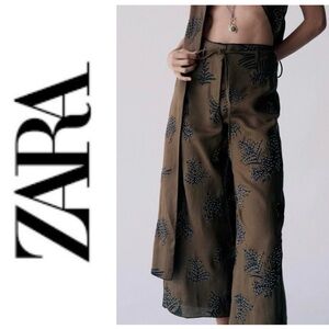 NWOT Zara ZW Collection embroidered hemp wide leg chocolate brown pants